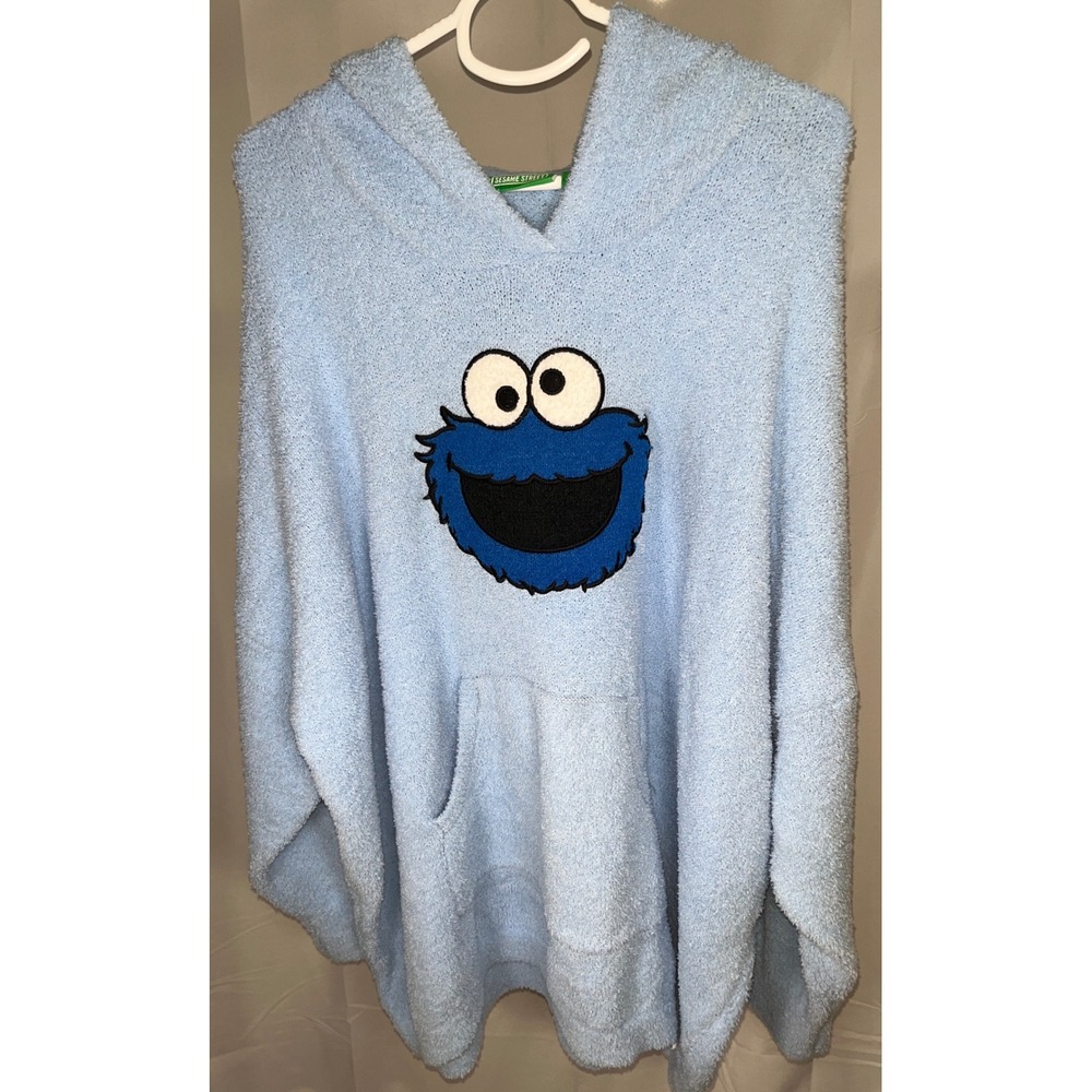 Sesame Street Cookie Monster Fuzzy Knit Hoodie Blue Cozy Oversized Pullover L